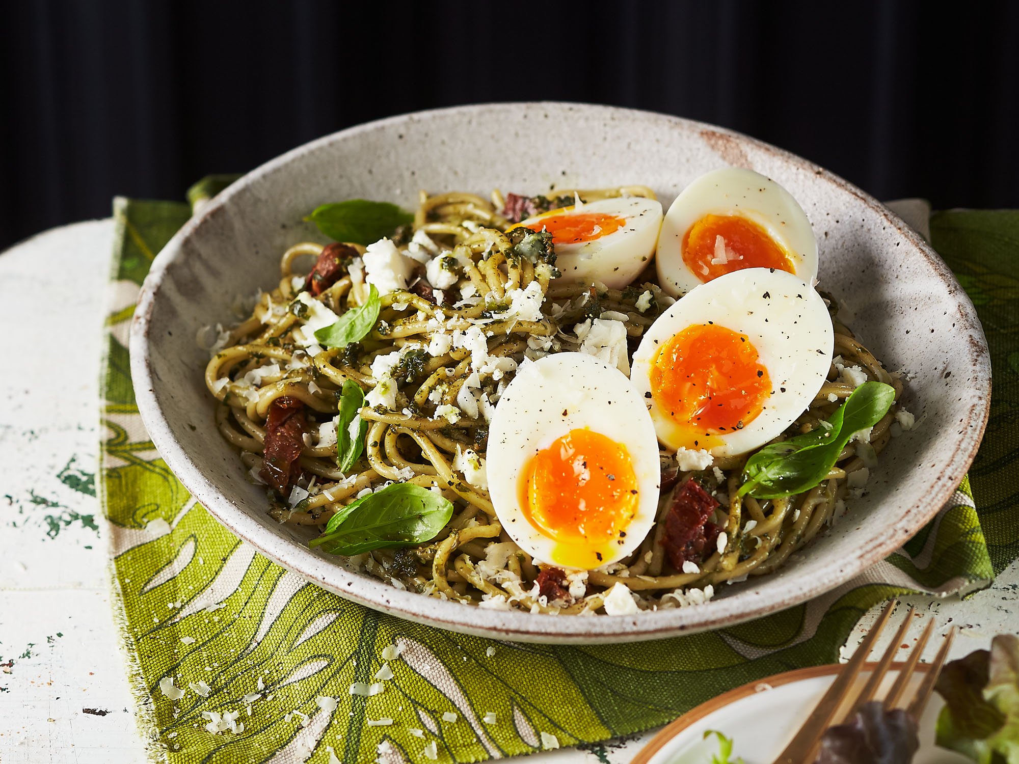 Pesto and Pasta with Boilded Eggs